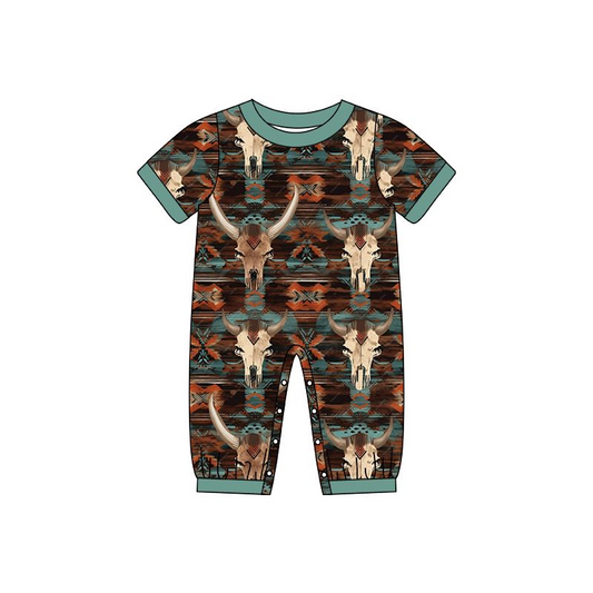 （presale）SR0568 Alpine Cow Head Geometric Turquoise Trim Short Sleeve Jumpsuit