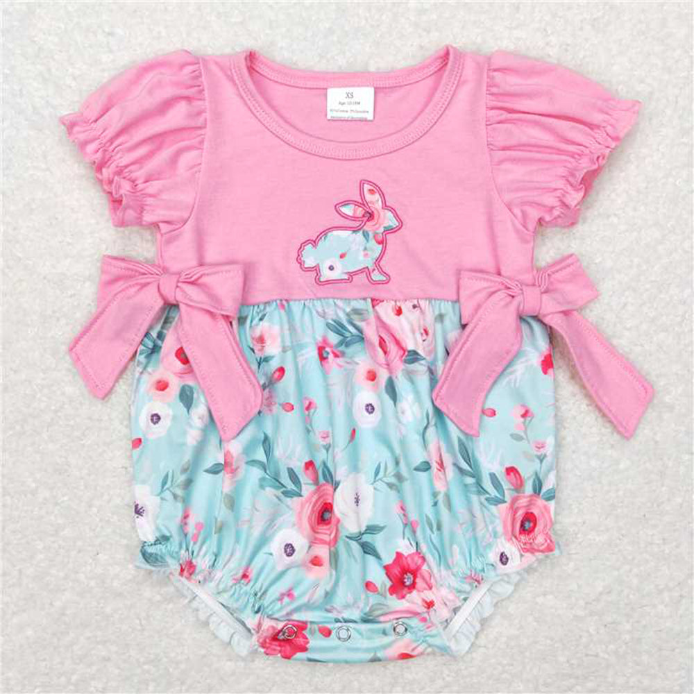 Match Baby Girls Embroidery Easter Floral Rabbit Bows Rompers Clothes Sets