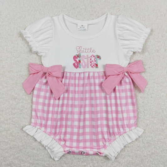 SR0588 little sister letter white lace pink plaid short-sleeved jumpsuit