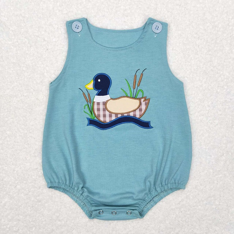 SR0590 Plaid Duck Blue Short Sleeve Jumpsuit