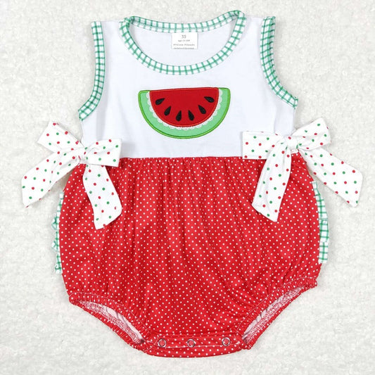 SR0593 Watermelon bow polka dot red and white sleeveless jumpsuit