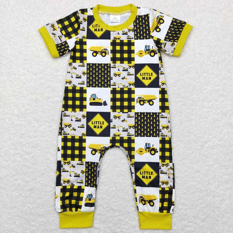 SR0609 Engineering vehicle yellow and black plaid short-sleeved jumpsuit