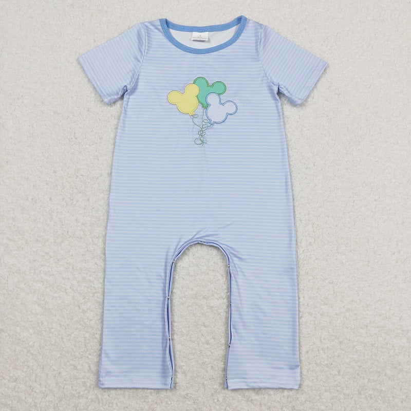 SR0612 Embroidered Balloon Blue Striped Short Sleeve Jumpsuit