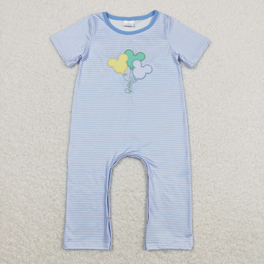 SR0612 Embroidered Balloon Blue Striped Short Sleeve Jumpsuit