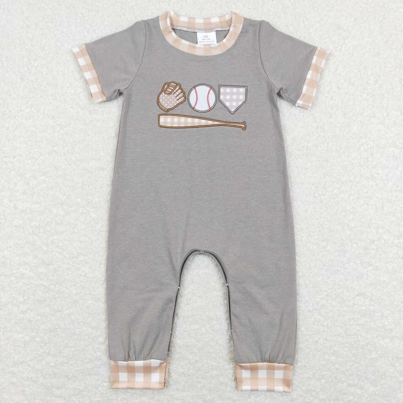 SR0614 Baseball gloves brown white plaid gray short sleeve jumpsuit