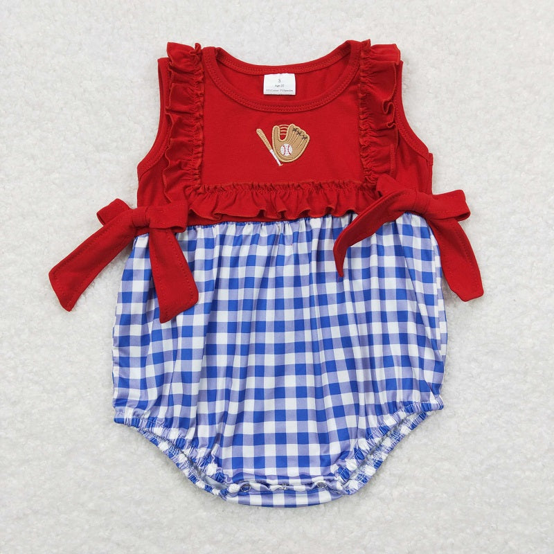 SR0615 Embroidered Baseball Gloves Blue White Plaid Red Bow Vest Jumpsuit