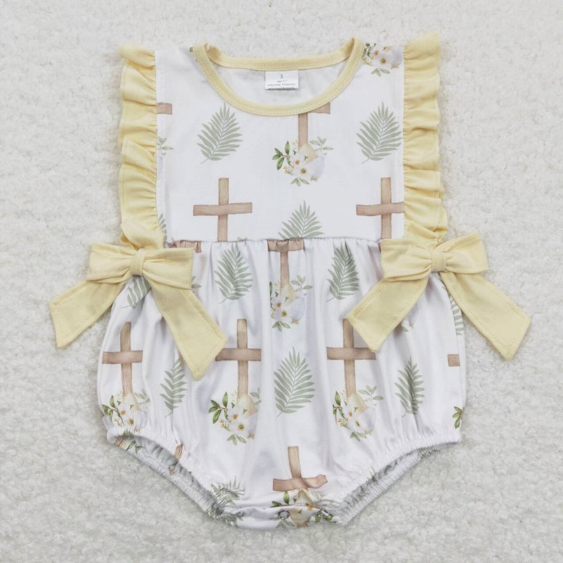 SR0619 Cross flowers leaves yellow lace bow white sleeveless jumpsuit