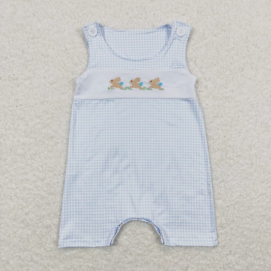 SR0621 Embroidered Three Rabbits Blue Plaid Sleeveless Jumpsuit