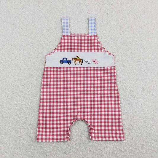 SR0632 Embroidered Truck Farm Animals Red Plaid Suspender Bodysuit