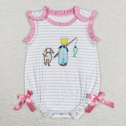 SR0643 Embroidery Fishing Girl Puppy Blue and White Striped Pink Lace Vest Jumpsuit