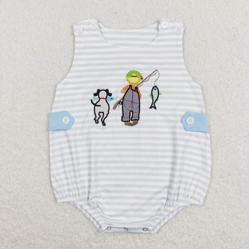 SR0644 Embroidered Fishing Boy Puppy Blue and White Striped Vest Jumpsuit