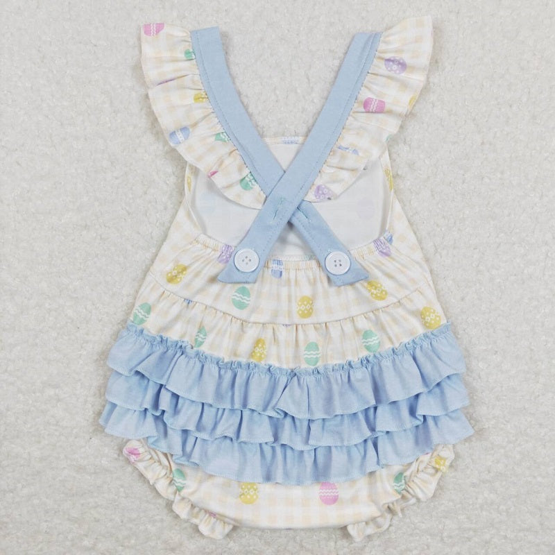 SR0656 Egg yellow white plaid blue lace bow flying sleeve jumpsuit