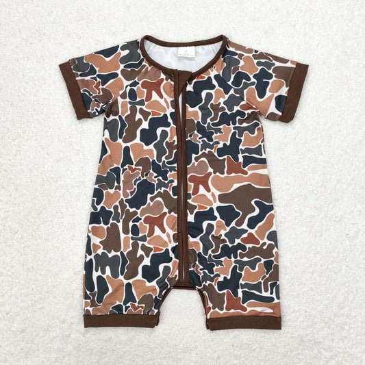 SR0666 Brown and Green Camouflage Zipper Short Sleeve Bodysuit