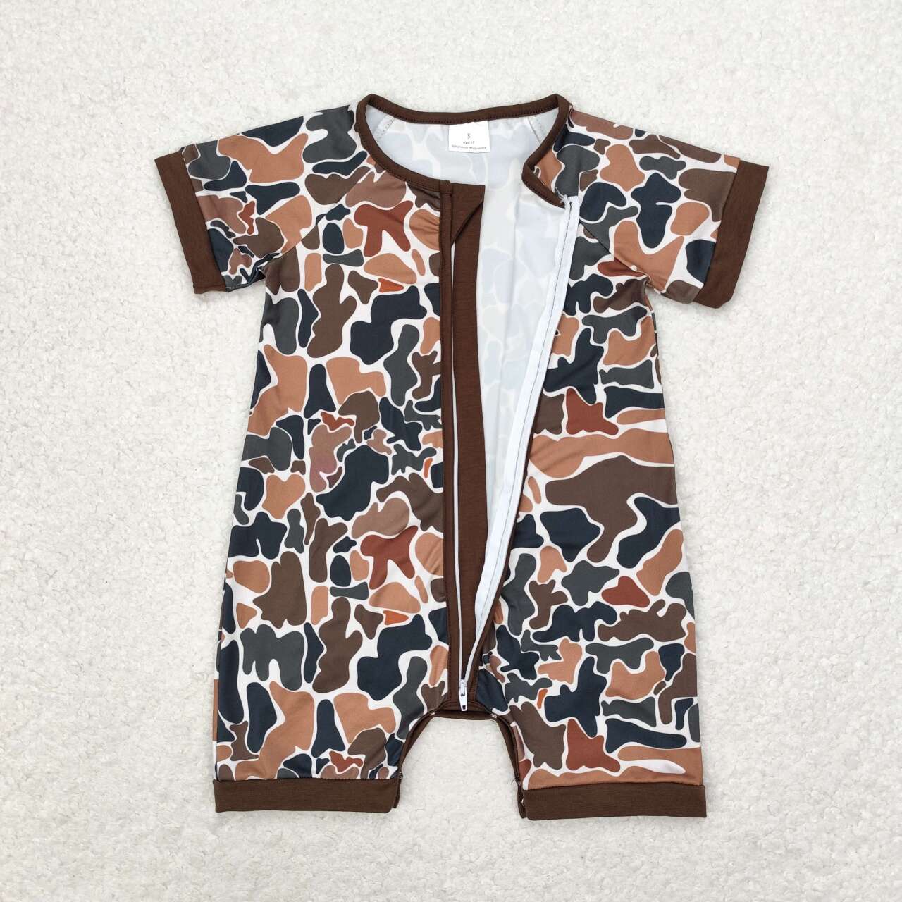 SR0666 Brown and Green Camouflage Zipper Short Sleeve Bodysuit
