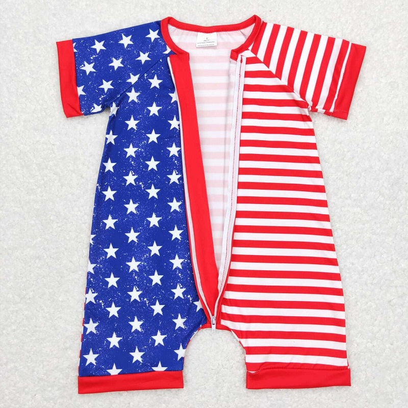 SR0673 Star red and white striped zipper short-sleeved jumpsuit