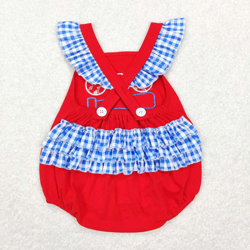 SR0686 Embroidered baseball blue plaid lace red short-sleeved vest jumpsuit