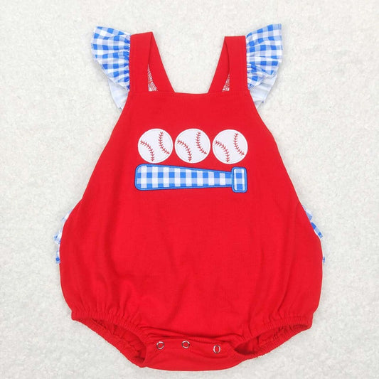 SR0686 Embroidered baseball blue plaid lace red short-sleeved vest jumpsuit