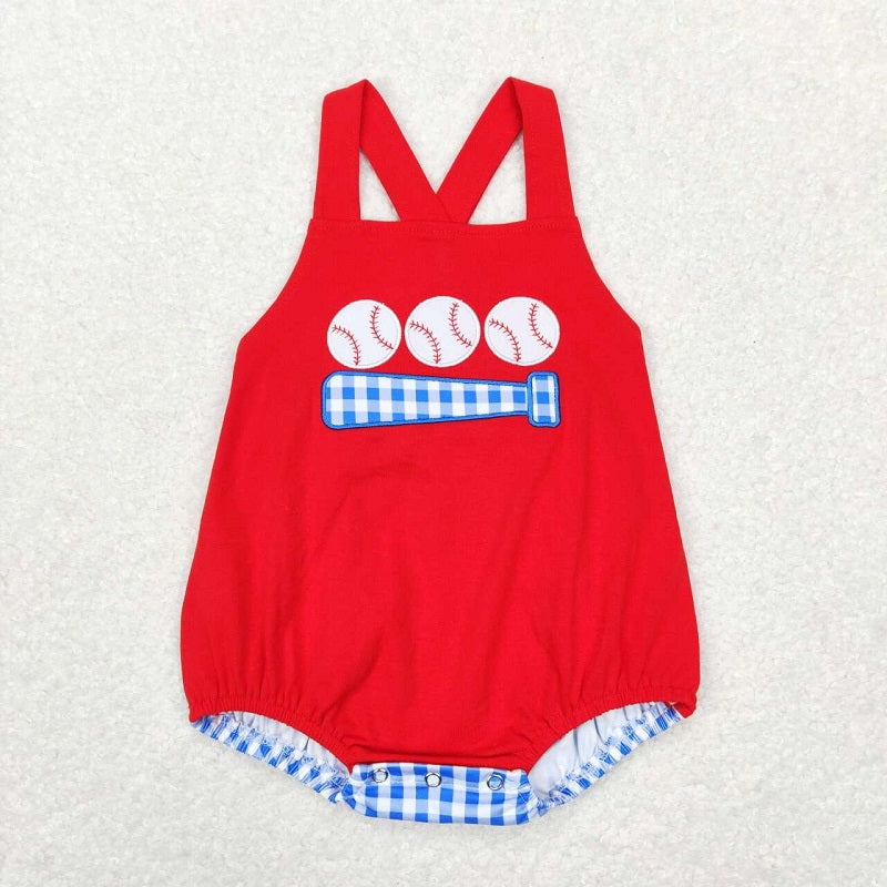 SR0687 Embroidered Baseball Blue Plaid Red Short Sleeve Vest Jumpsuit D 4.16