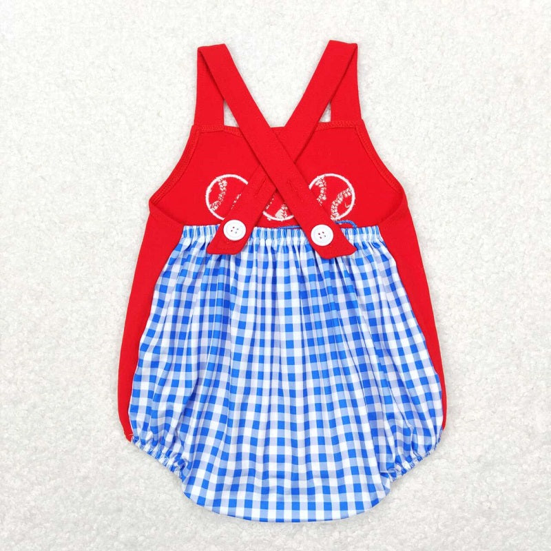 SR0687 Embroidered Baseball Blue Plaid Red Short Sleeve Vest Jumpsuit