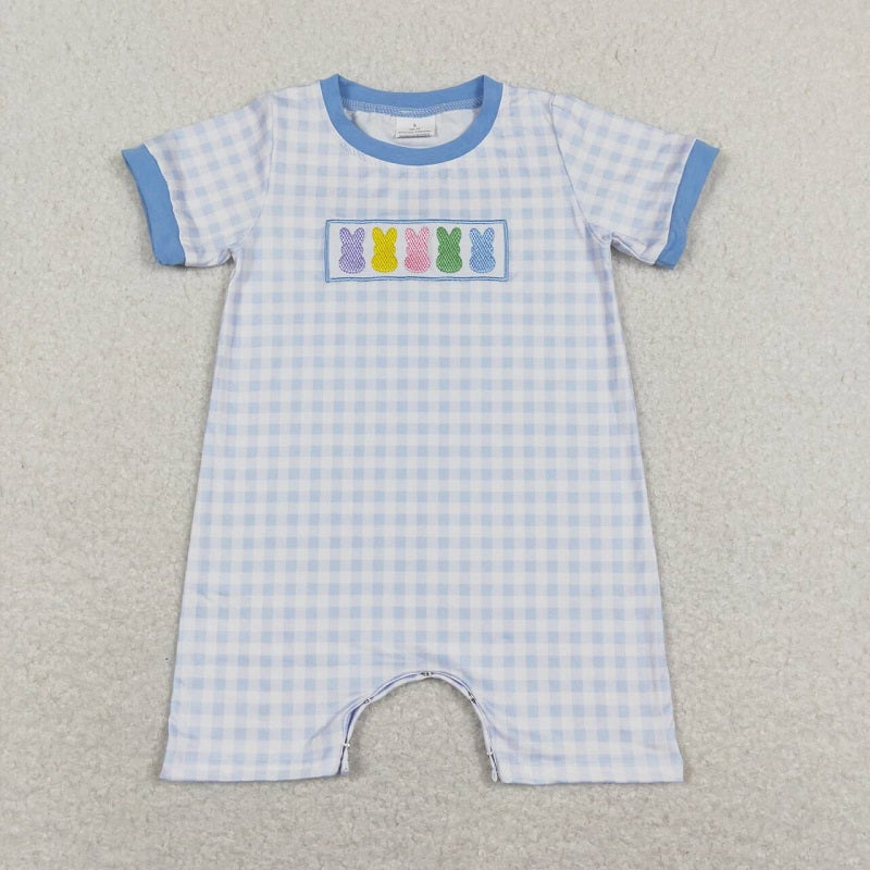 SR0690 Embroidered colorful bunny blue and white plaid shorts jumpsuit