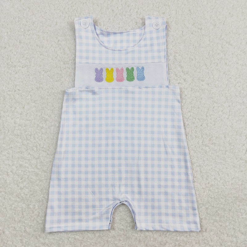 SR0691 Embroidered colorful bunny blue and white plaid sleeveless jumpsuit