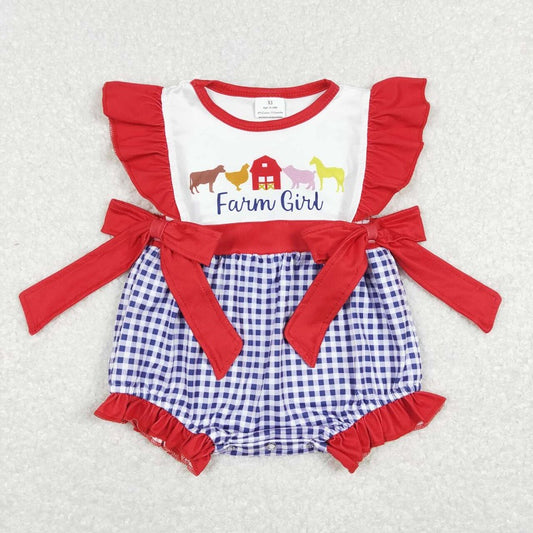 SR0696 Farm Animals Red House Blue Plaid Red Lace Bow Vest Jumpsuit