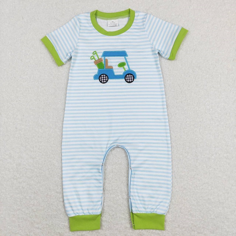 SR0700 Embroidered golf cart blue and white striped green trim short-sleeved jumpsuit