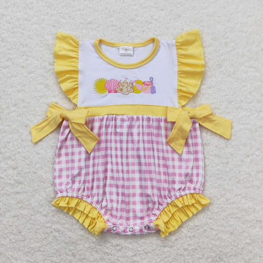 SR0701  Embroidery Shell Castle Beach Ball Pink White Plaid Yellow Lace Bow Vest Jumpsuit