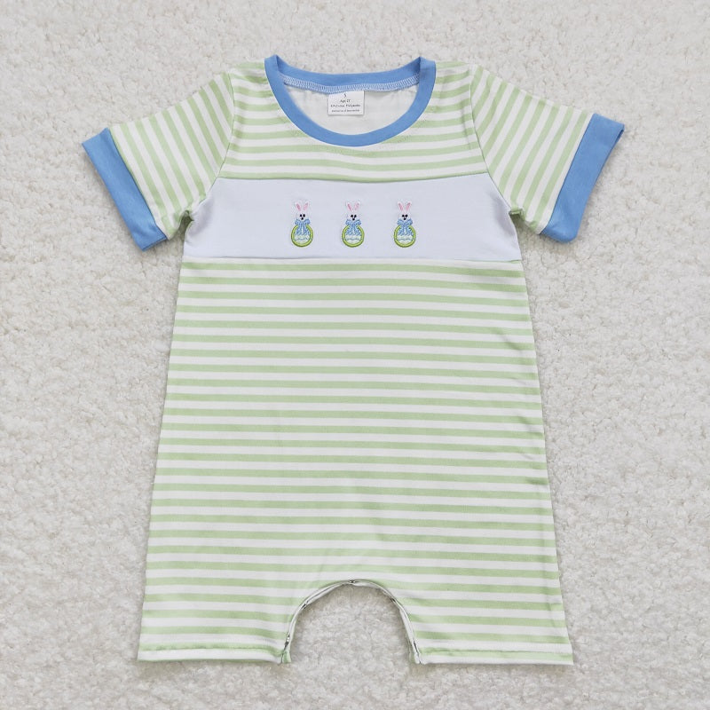 SR0704 Embroidered bow Easter egg rabbit green and white striped blue edge short-sleeved jumpsuit