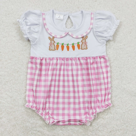 SR0722 Embroidery Rabbit Carrot Pink White Plaid Short Sleeve Jumpsuit