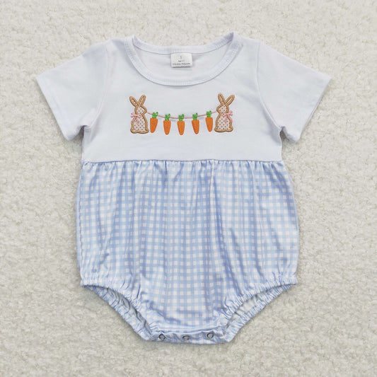 SR0723 Embroidery Rabbit Carrot Blue and White Plaid Short Sleeve Jumpsuit