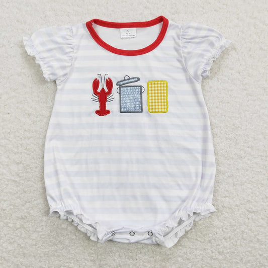 SR0743 Embroidered Crayfish Corn Striped White Lantern Sleeve Short Sleeve Jumpsuit  D 5.8