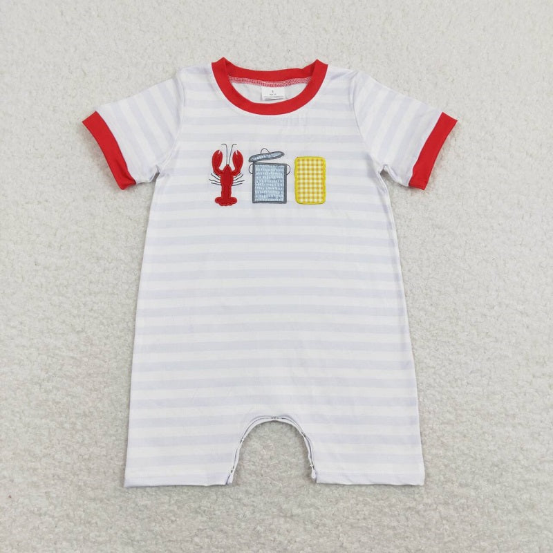 SR0744 Embroidered crayfish corn stripe white short -sleeved romper