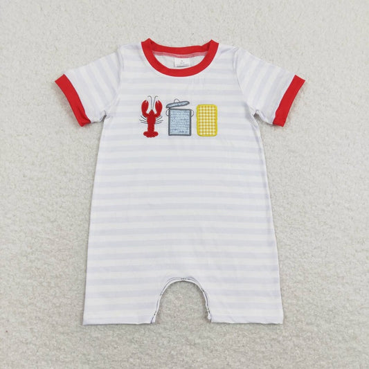 SR0744 Embroidered crayfish corn stripe white short -sleeved romper