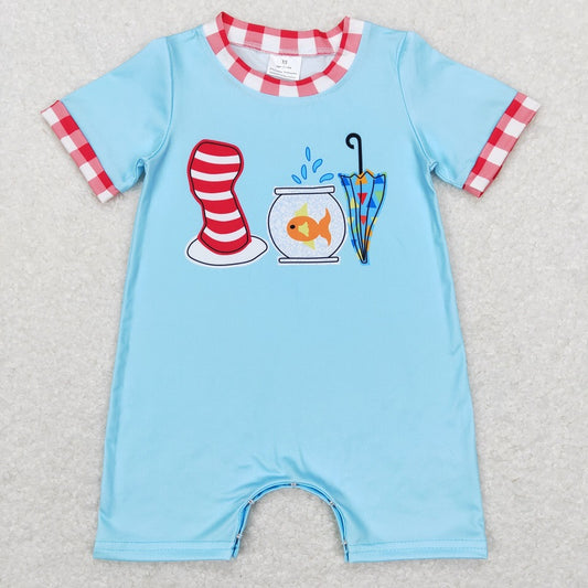 SR0767 Hat fishbowl umbrella red and white plaid edge blue short-sleeved jumpsuit