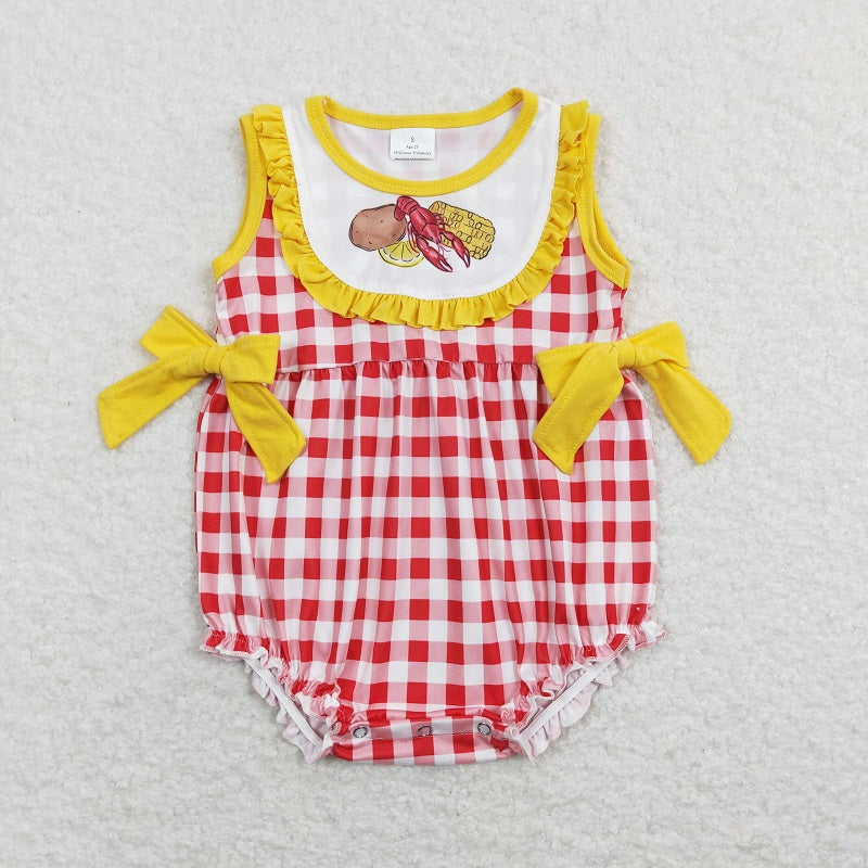 SR0769 Potato Crayfish Corn Yellow Lace Bow Red and White Plaid Vest Jumpsuit
