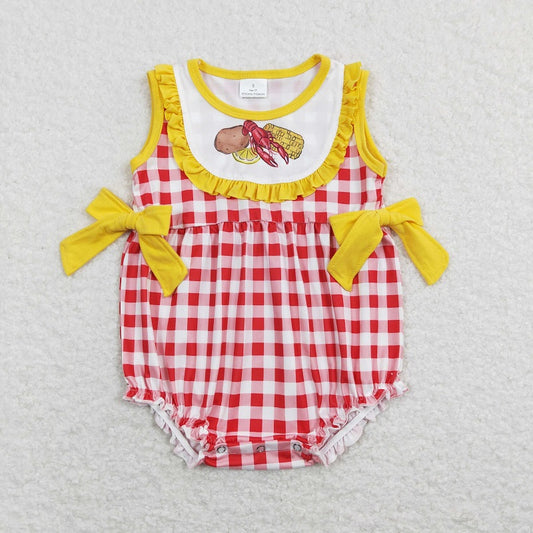 SR0769 Potato Crayfish Corn Yellow Lace Bow Red and White Plaid Vest Jumpsuit