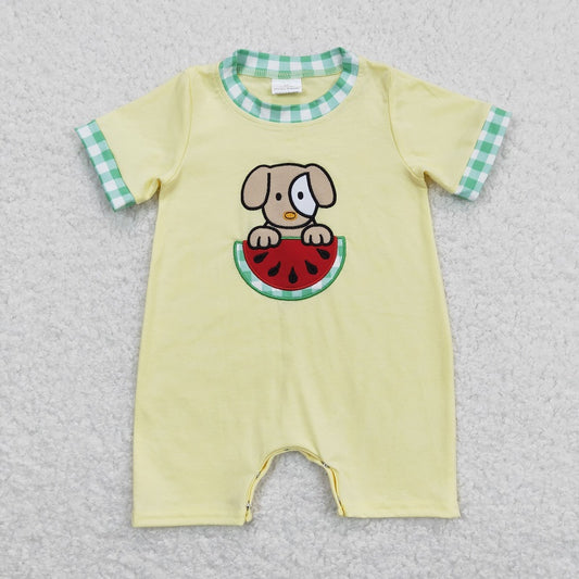 SR0788 Embroidered Watermelon Puppy Yellow Short Sleeve Jumpsuit