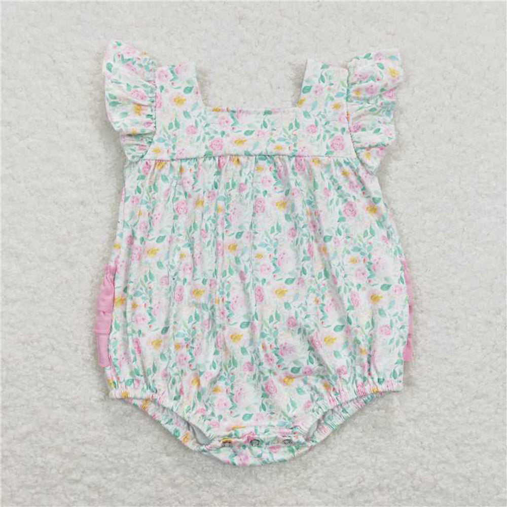 Match Baby Girls Pink Flowers Tops Ruffle Shorts Clothes Sets Romper   D 3.13