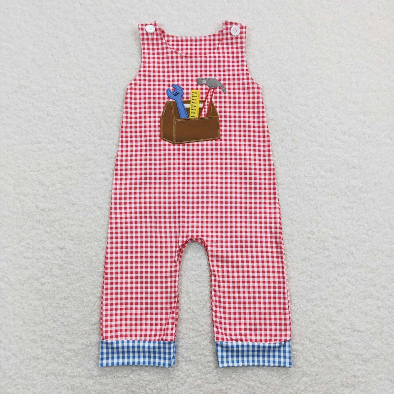 SR0822 Embroidery Hammer Tool Red and White Plaid Sleeveless Jumpsuit