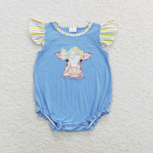 SR0825 Embroidered Bow Cow Color Striped Blue Vest Jumpsuit