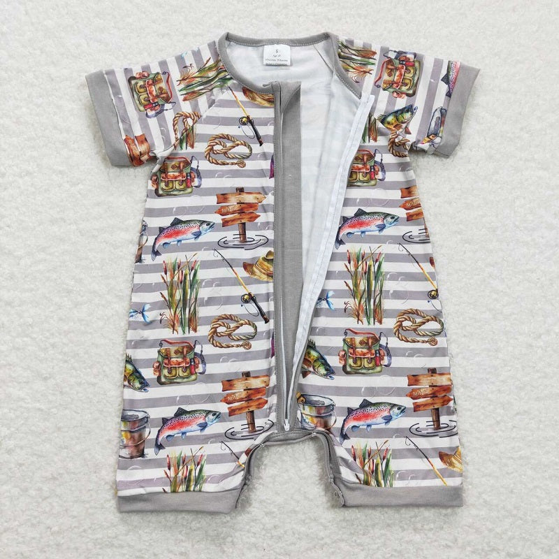 SR0842 Fishing stripes gray zipper romper