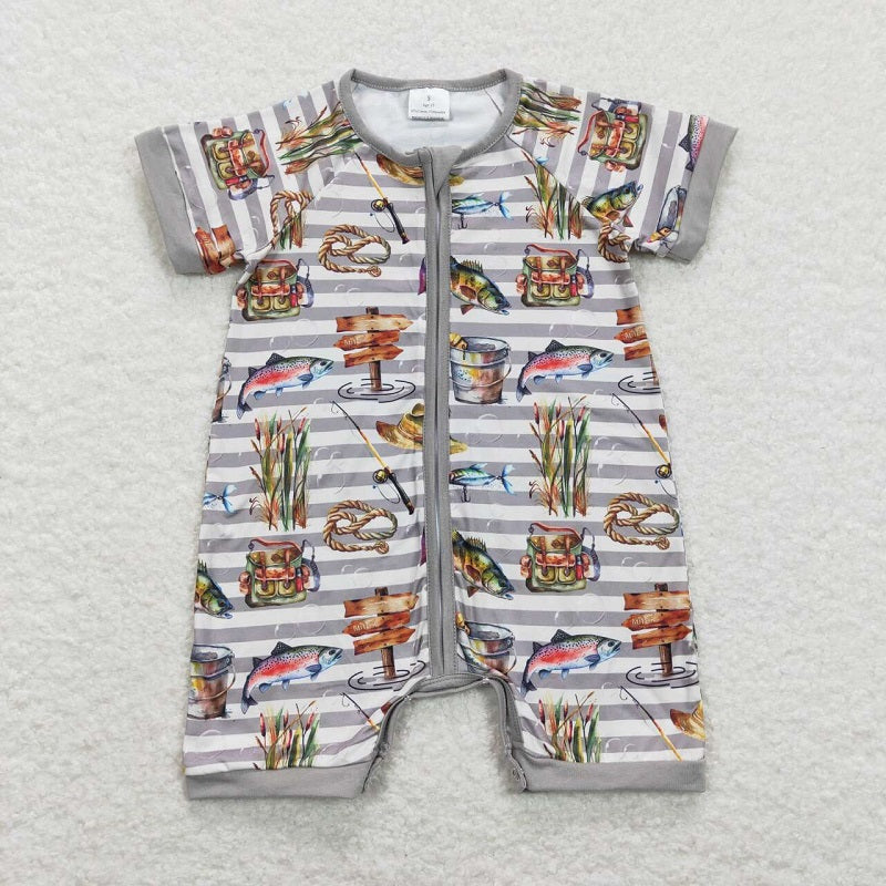 SR0842 Fishing stripes gray zipper romper