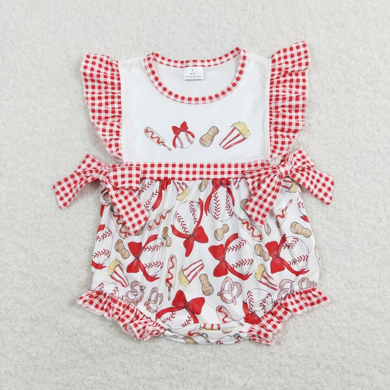 SR0848 Bowlite baseball peanut popcorn red white grid bow romper