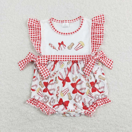 SR0848 Bowlite baseball peanut popcorn red white grid bow romper