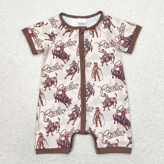 SR0856 Horse Riding Brown Zipper Short Sleeve Bodysuit