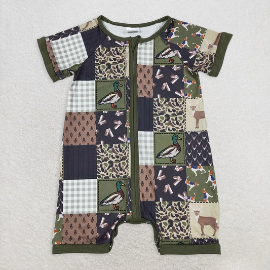 SR0902  Baby Boys Hunting Deer Duck Short Sleeve Zip Rompers D 5.24