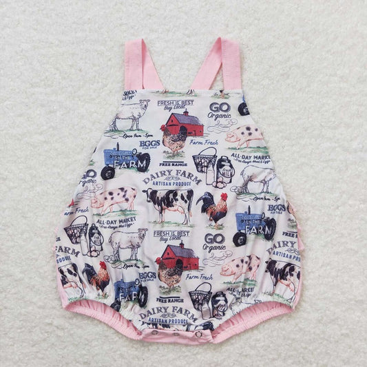 SR0911 Farm House Tractor Animal Lace Pink Tank Top Bodysuit