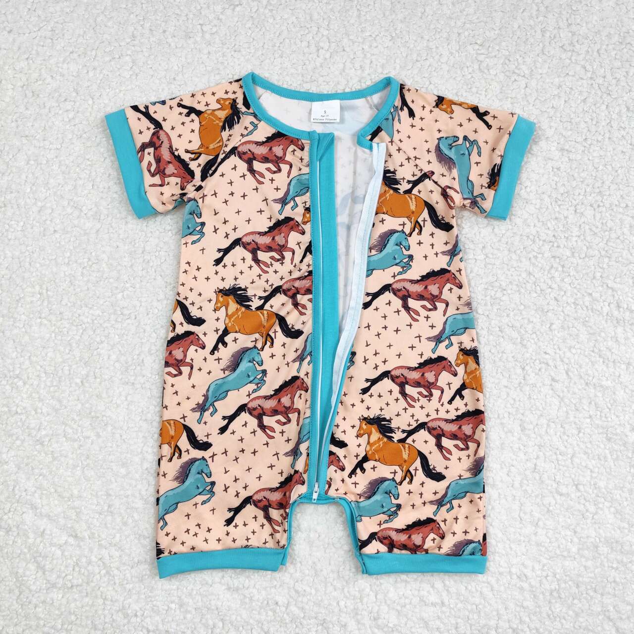 SR0934 Horse Star Beige Zipper Short Sleeve Bodysuit