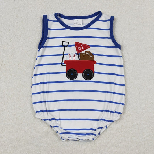 SR0935 Embroidered Baseball Cart Blue Stripe White Tank Top Bodysuit